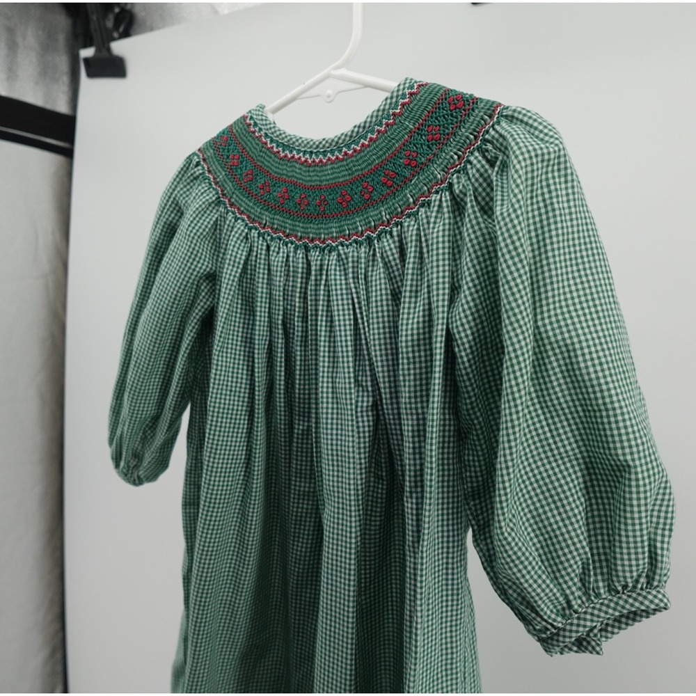 Green Gingham Hand Smocked Bishop Dress Kids Red Floral Embroidery Christmas 24m - Picture 5 of 10